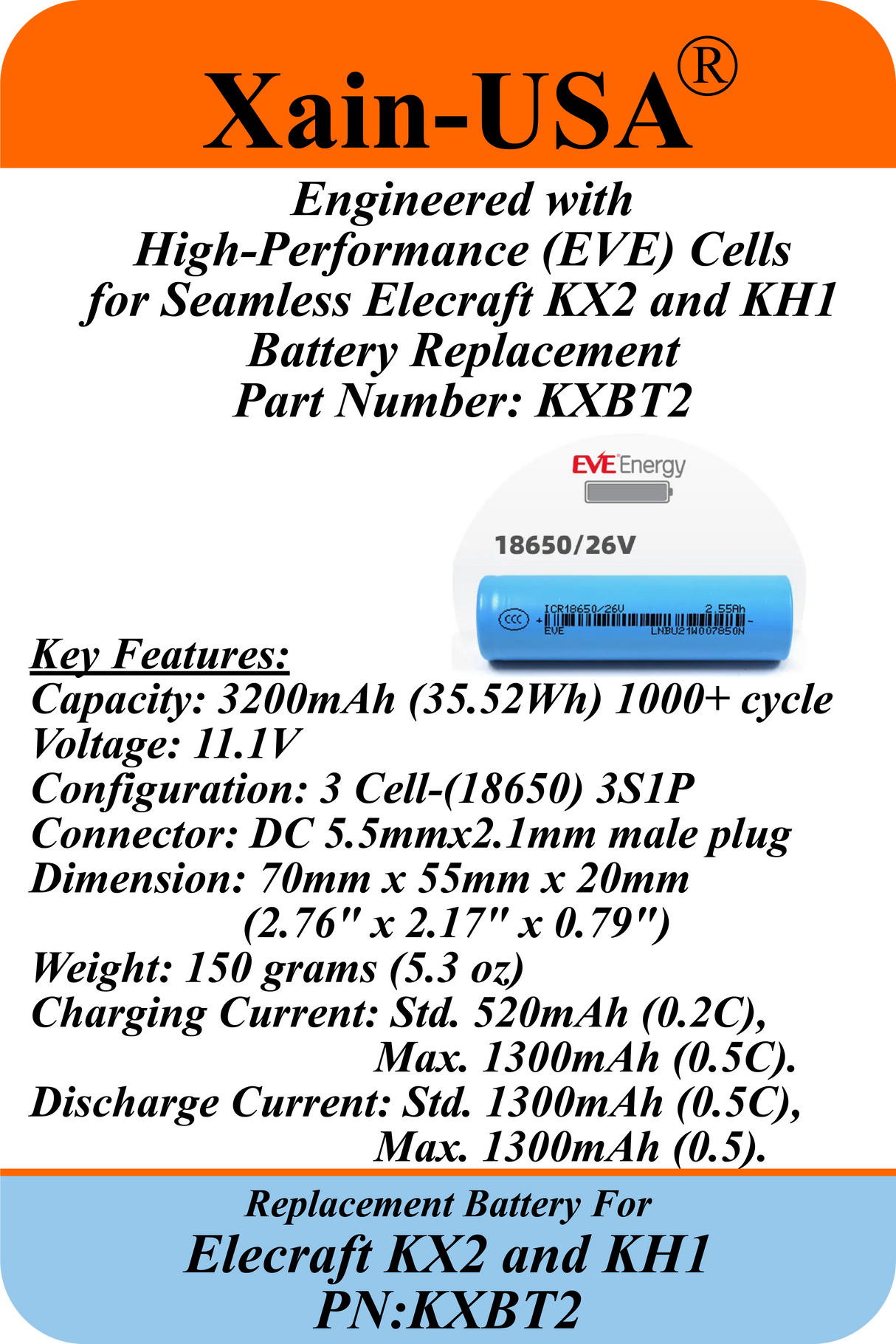 Long-Lasting 3200mAh Rechargeable Li-ion Battery PN: KXBT2 | Direct Replacement for Elecraft KX2 & KH1 | Premium Xain-Xtra Cells, 1000+ Charge Cycles