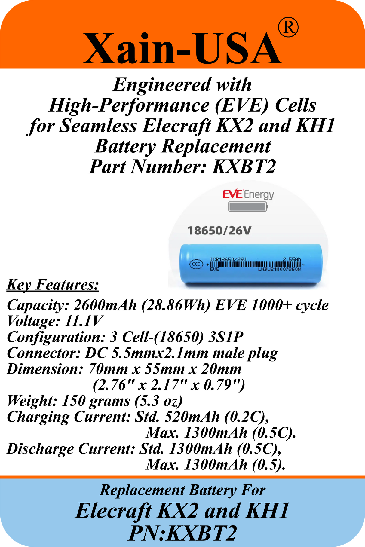KXBT2 Replacement Battery for Elecraft KX2 & KH1, 11.1V 2600mAh Rechargeable Li-ion with Xain-Xtra Cells, 1000+ Cycle Life, BMS with Balancing & Temperature Sensing