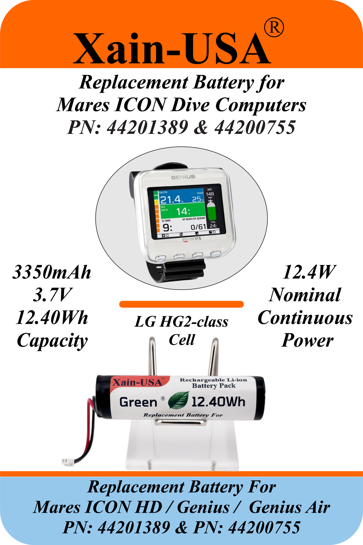 (Xian-DIVE) Premium 3350mAh Replacement Battery for Mares ICON HD / Mares ICON Genius / Mares Genius Air / PN: 44201389 / PN: 44200755 / 3.7V