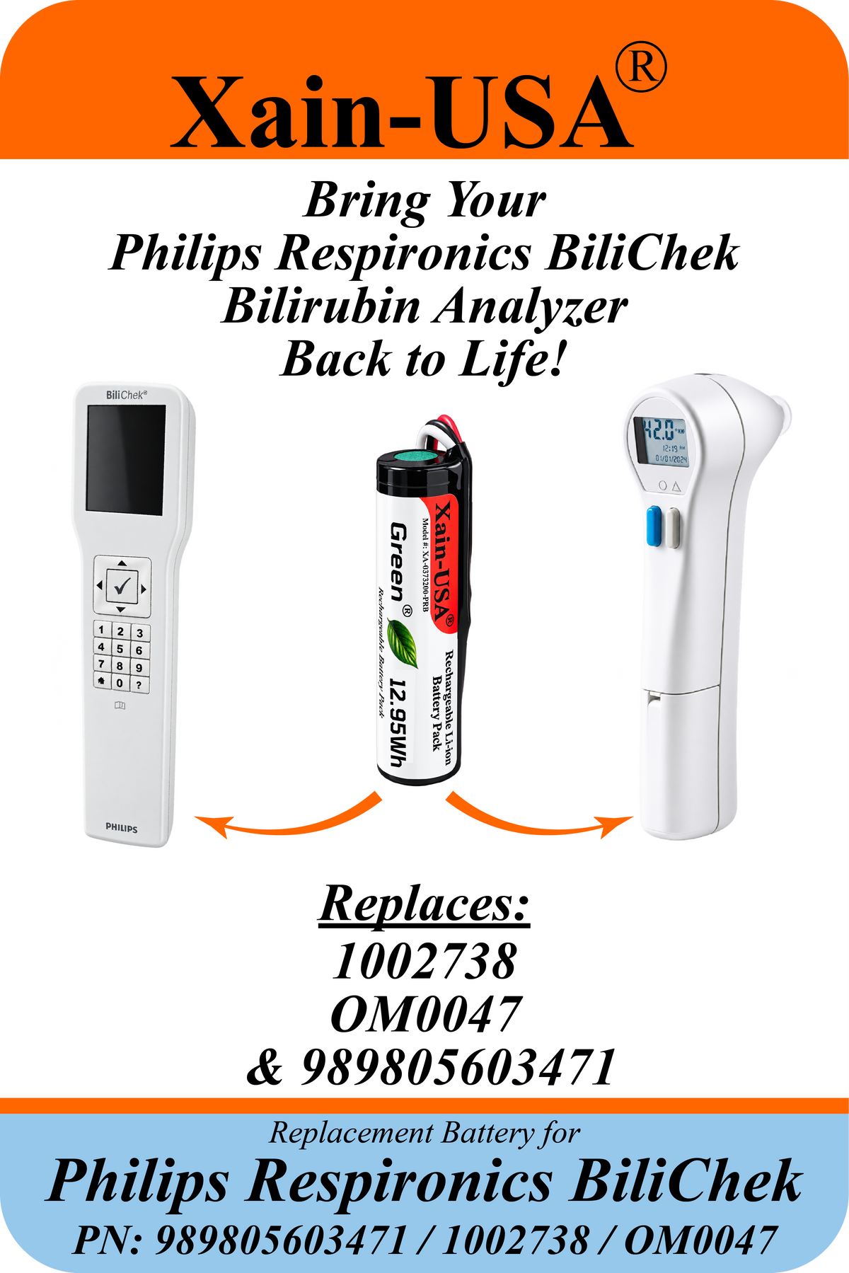 Xain-USA 3.7V 3500mAh Replacement Battery for Philips Respironics BiliChek Bilirubin Analyzer | Replaces 989805603471, 1002738, OM0047