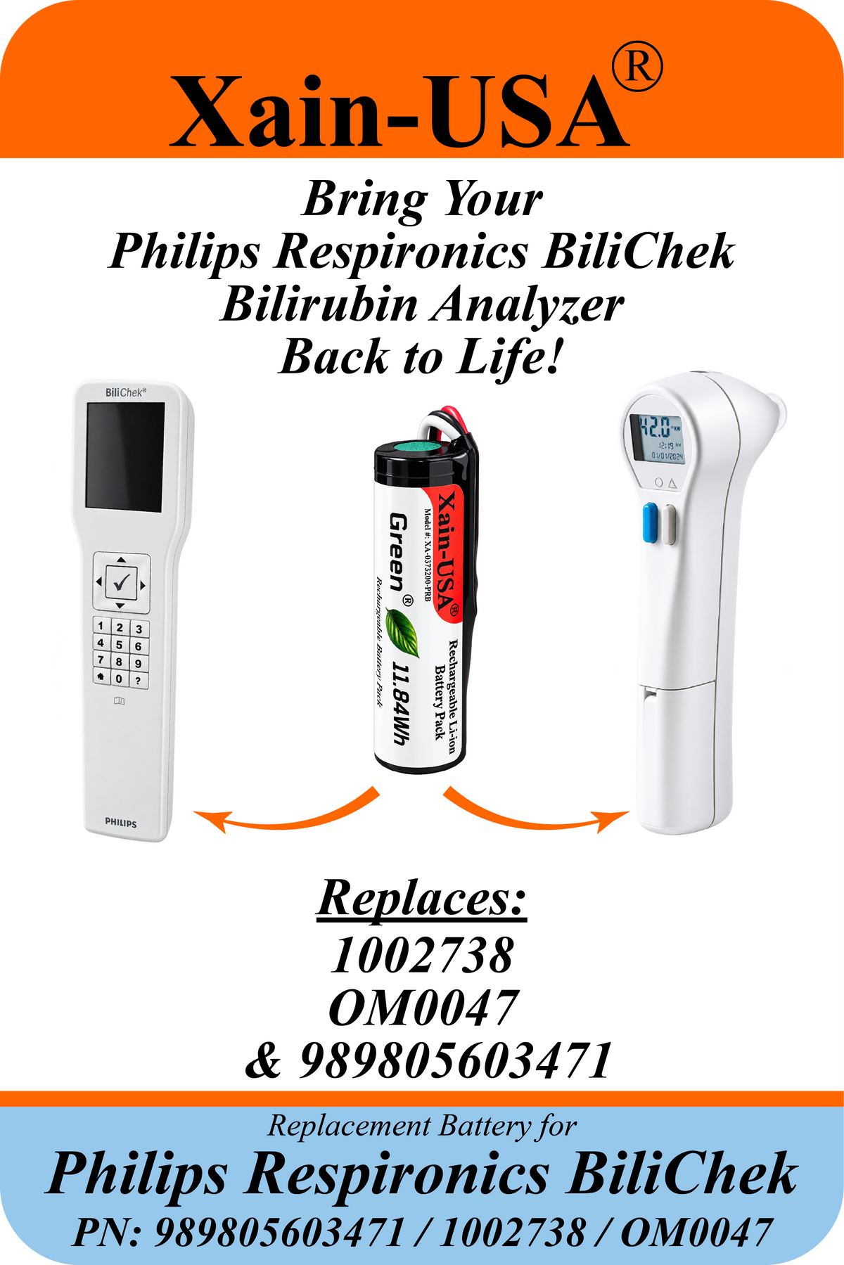 Xain-USA 3.7V 3200mAh Replacement Battery for Philips Respironics BiliChek Bilirubin Analyzer | Replaces 989805603471, 1002738, OM0047