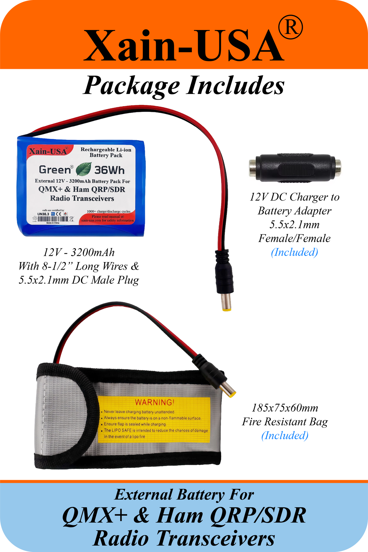 12V 3200mAh Li-ion Rechargeable External Battery – Compatible with QMX+ Transceivers & SDR/QRP Ham Radios High-Endurance Power with Xain-Xtra Cells, Rated for 1000+ Charge Cycles