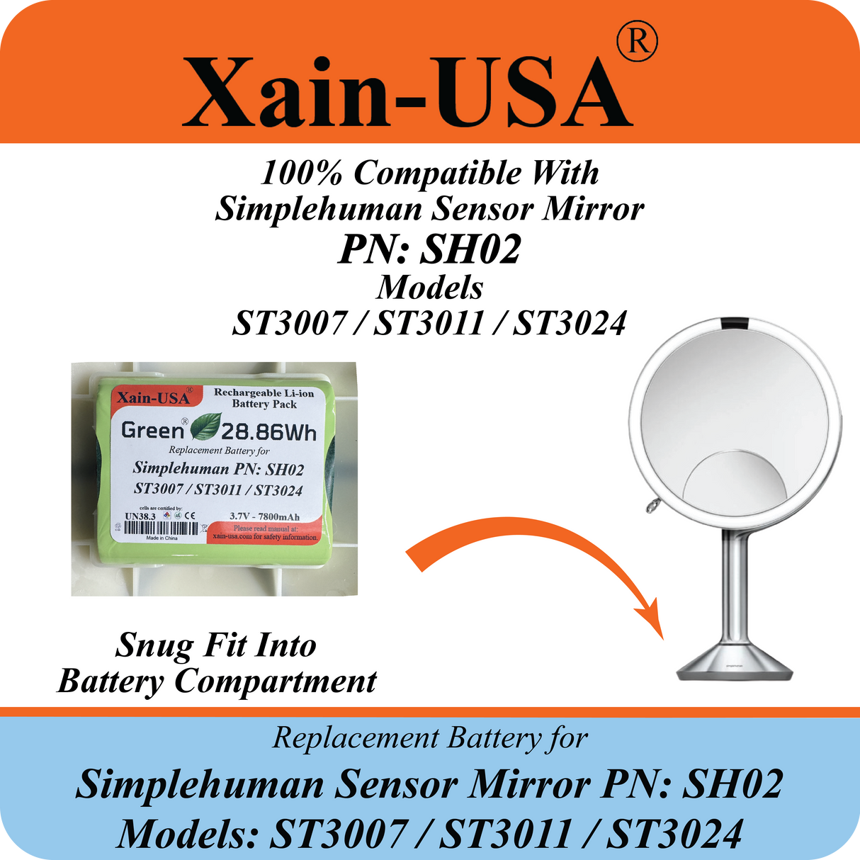 7800mAh Replacement Battery for Simplehuman Mirror PN: SH02 ST3007 ST3011 ST3024