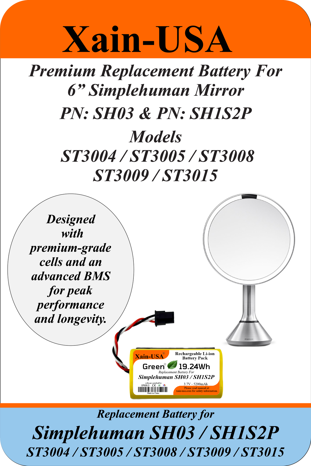 5200mAh Replacement Battery for 6" Simplehuman SH03 SH1S2P ST3004 3005 3008 3009 3015