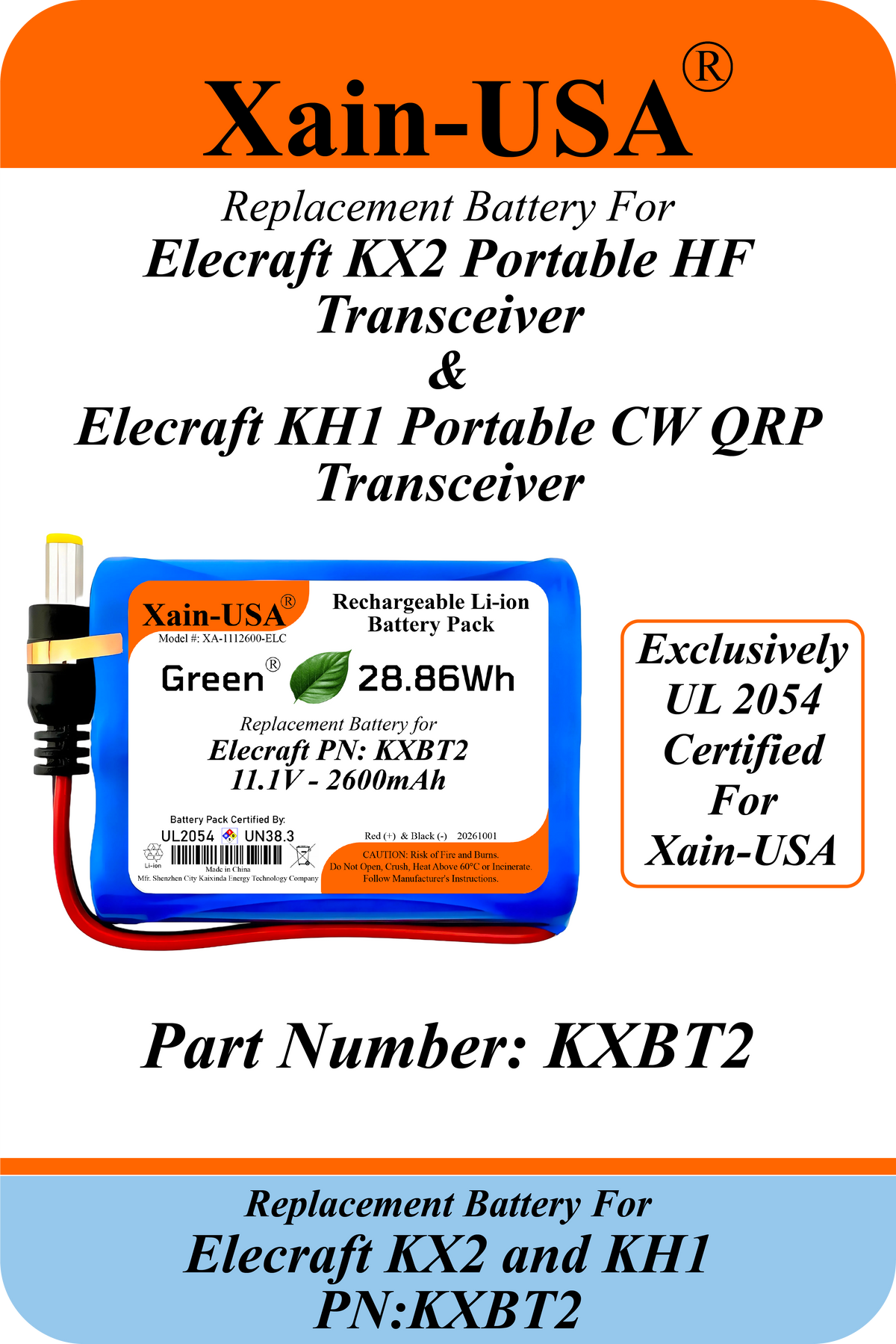 Xain-USA UL 2054 Certified 11.1V 2600mAh Replacement Battery for Elecraft KX2 & KH1, Replaces KXBT2, 28.86Wh, 5A BMS, 10K NTC