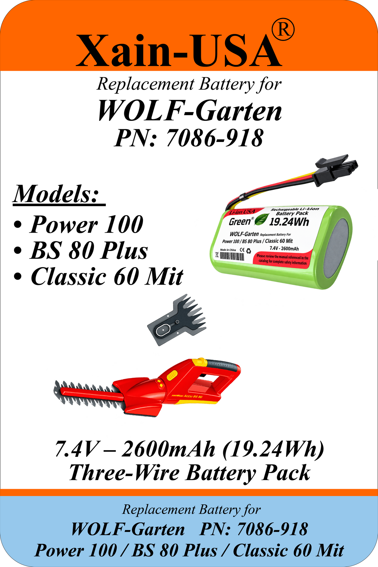 7.4V 2600mAh Replacement Battery for WOLF-Garten Power 100 / BS 80 Plus / Classic 60 Mit, Replaces PN 7086-918, 19.24Wh Li-ion, 3-Wire Connector, Built-in BMS
