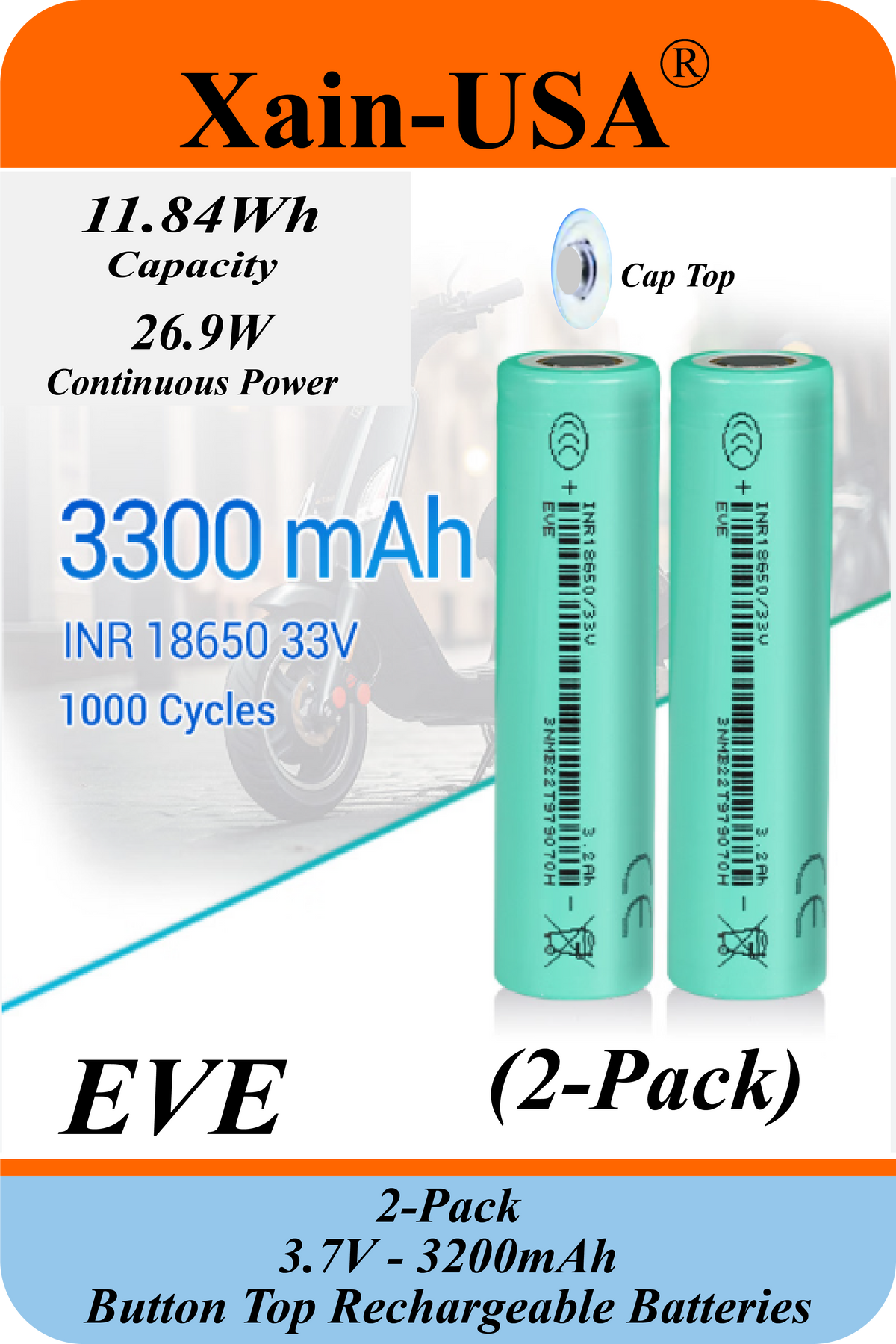Xain-USA | 2-Pack 3.7V 3200mAh Headlight Batteries | EVE 33V 18650 Button Top Li-Ion Cells | 10A Discharge | Unprotected