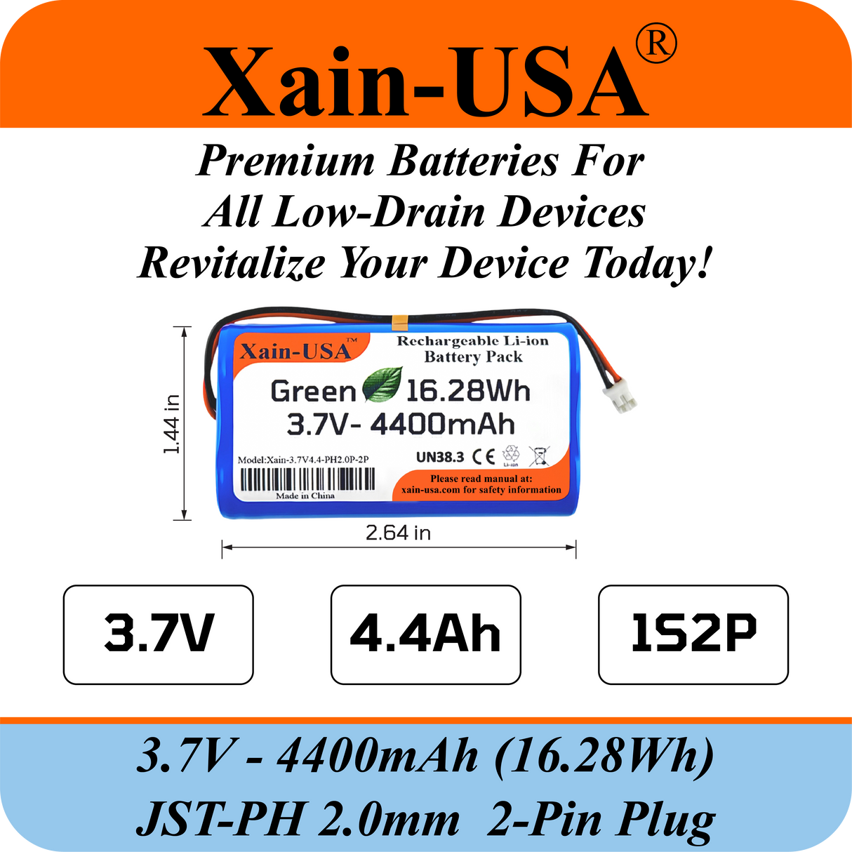 (1-Pack) 3.7V 4400mAh Li-ion Rechargeable Battery Pack with JST-PH2.0 2-Pin Connector for Electronics, LED Lighting, Low-Drain Devices, Outdoor Lights, Toys, GPS, Speakers, Fire Alarm
