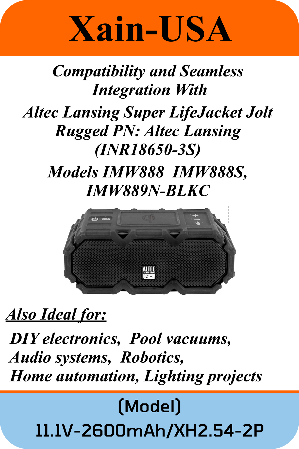 11.1V 2600mAh JST-XH 2.54 for Altec Lansing Speakers
