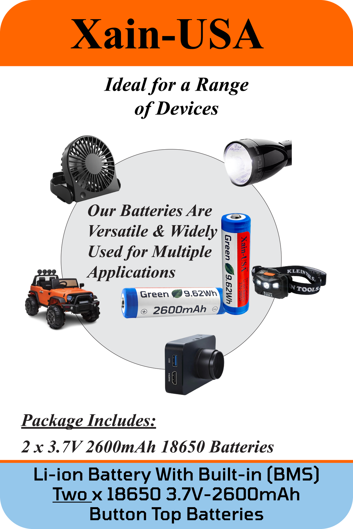 2-Pack 3.7V 2600mAh 18650 Button Top