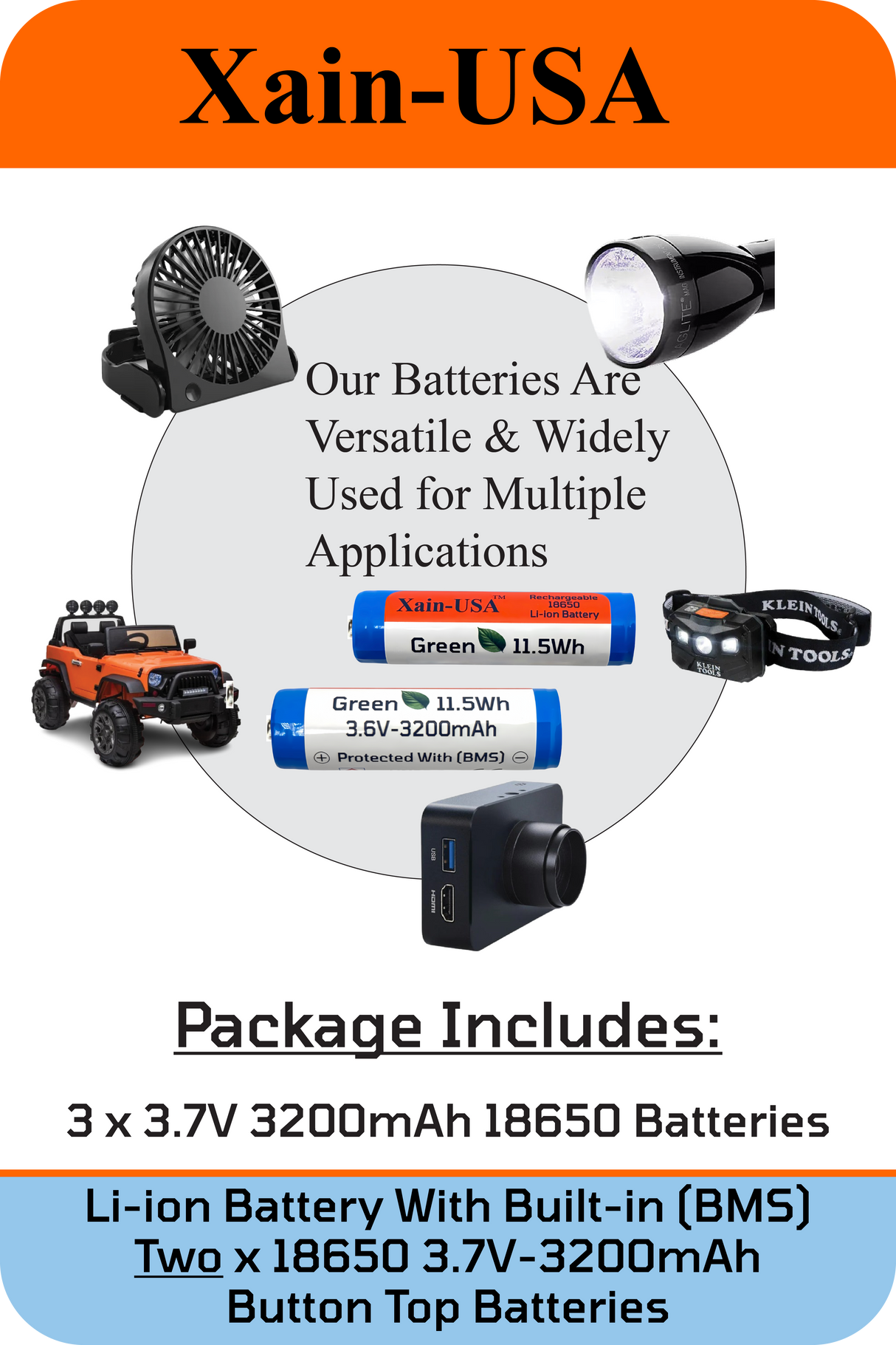 2-Pack 3.7V 3200mAh 18650 Button Top with Charger