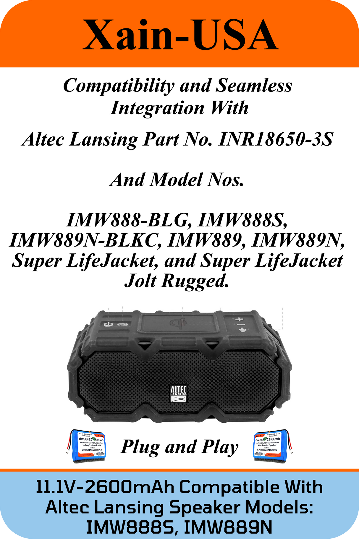 11.1V 2600mAh JST-PH 2.0 for Altec Lansing Speakers
