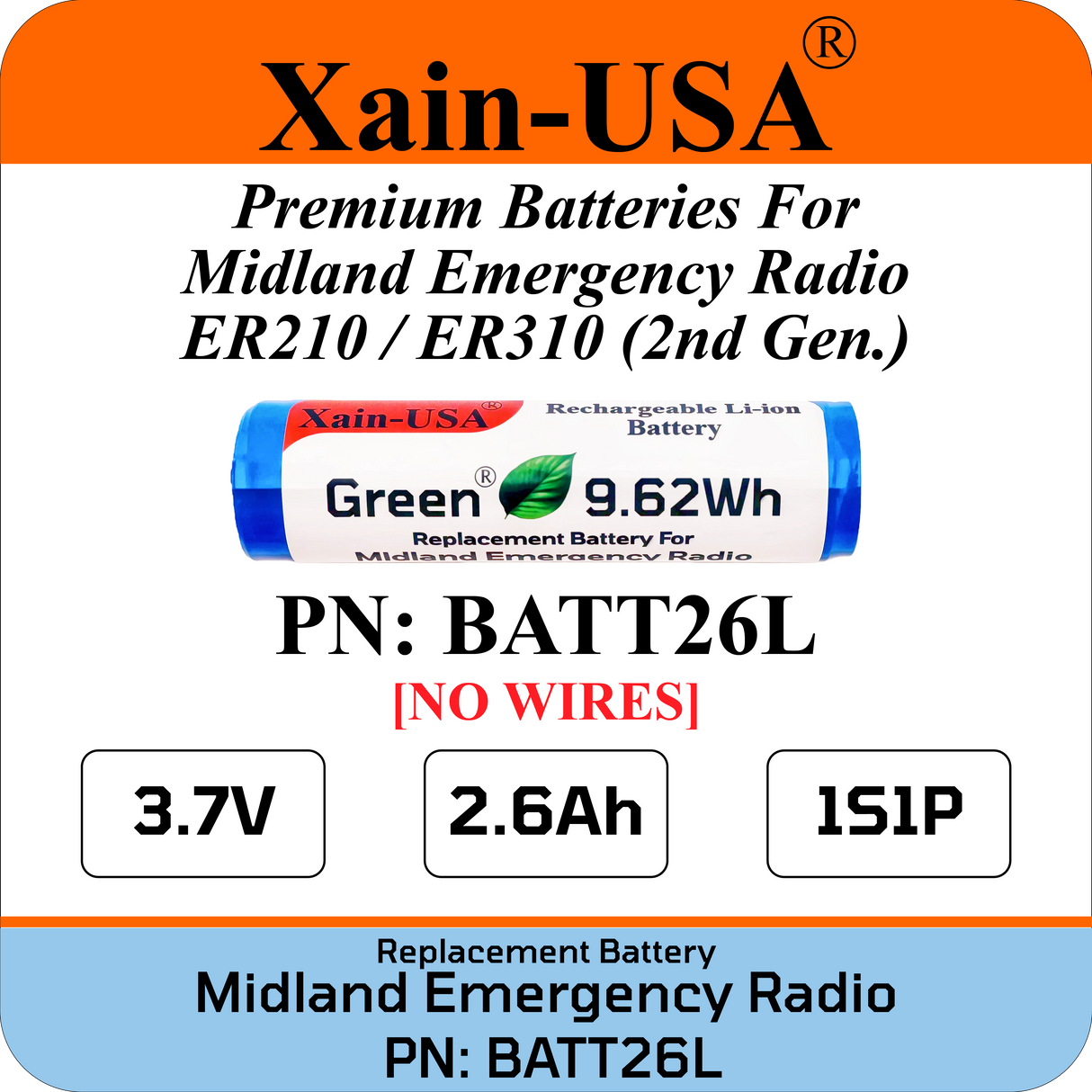 (2-Pack) Replacement Battery for Midland Emergency Radio ER210 (2nd Gen.) & ER310 (2nd Gen.) PN: BATT26L 2600mAh
