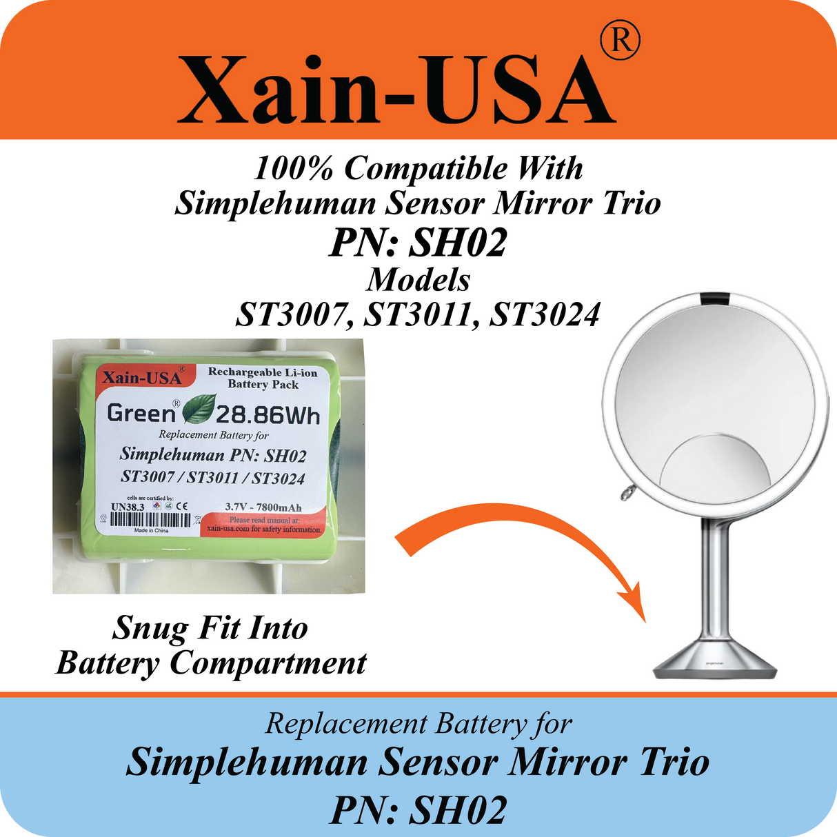 ULTRA-CAPACITY 7800mAh Battery for Simplehuman PN: SH02 Sensor Mirror Trio