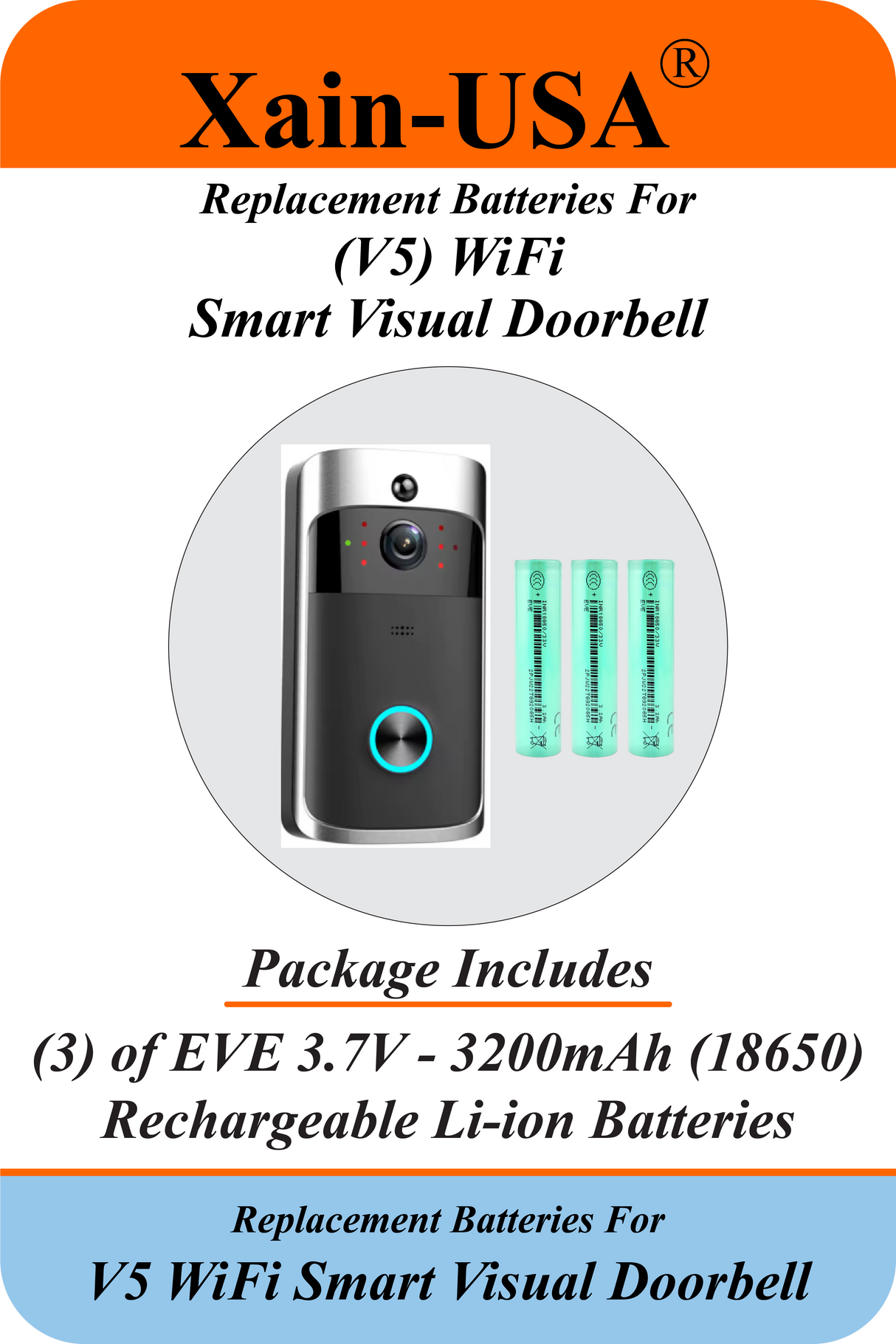(3‑Pack) 3.7V 3200mAh Li‑ion Replacement Batteries Compatible with V5 WiFi Smart Visual Doorbell, PIR Motion Detection, 720P HD / Ultra‑High Capacity / 1000+ Charge Cycles