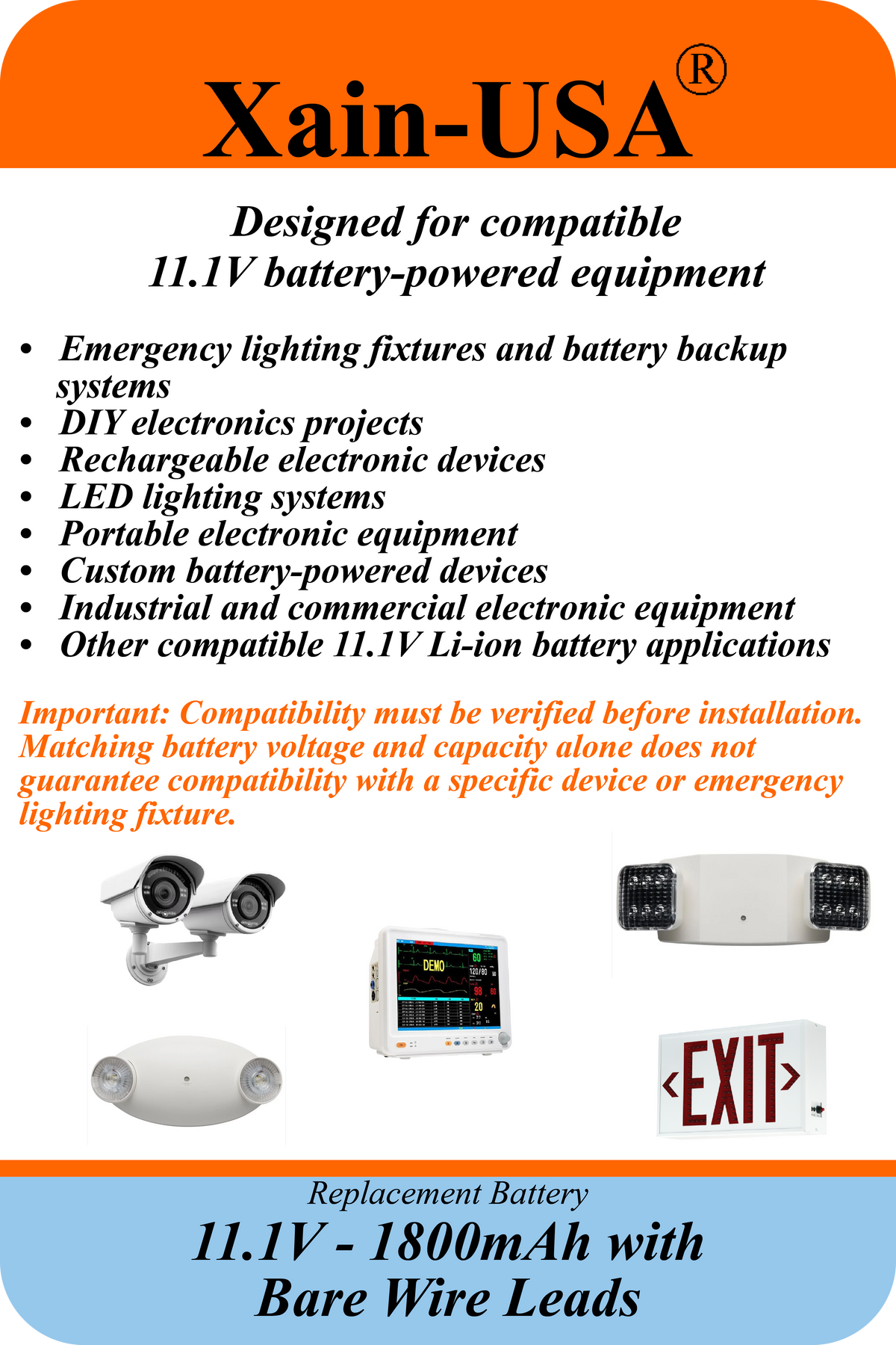 Xain-USA 11.1V 1800mAh Rechargeable Li-ion Battery Pack | 19.98Wh | 5A Continuous Discharge | Bare Wire Leads | Built-In BMS & 10KΩ NTC Thermistor | Emergency Lighting, DIY & Electronics