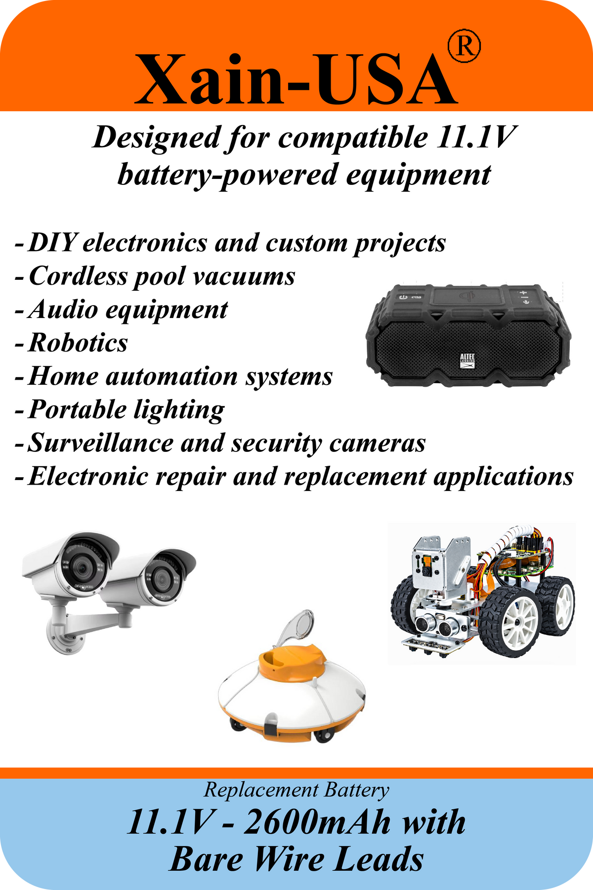 UL2054 Certified, 11.1V 2600mAh Li-ion Battery, 5A Cont., Bare Wire Leads