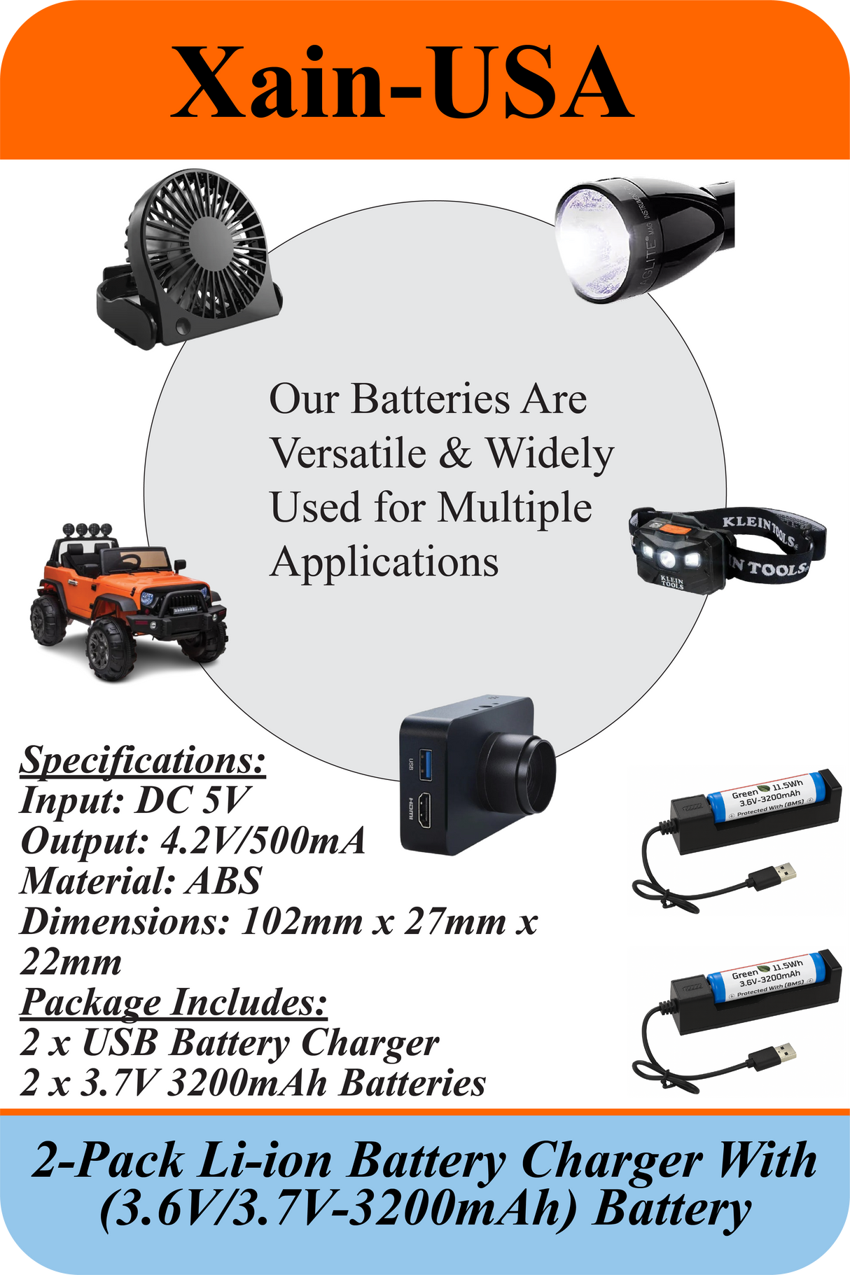 2-Pack: (Charger + 3.7V, 3200mAh Li-ion Rechargeable Battery). Ideal for flashlights, solar lights, torches, toys, radios, and other electronic devices.