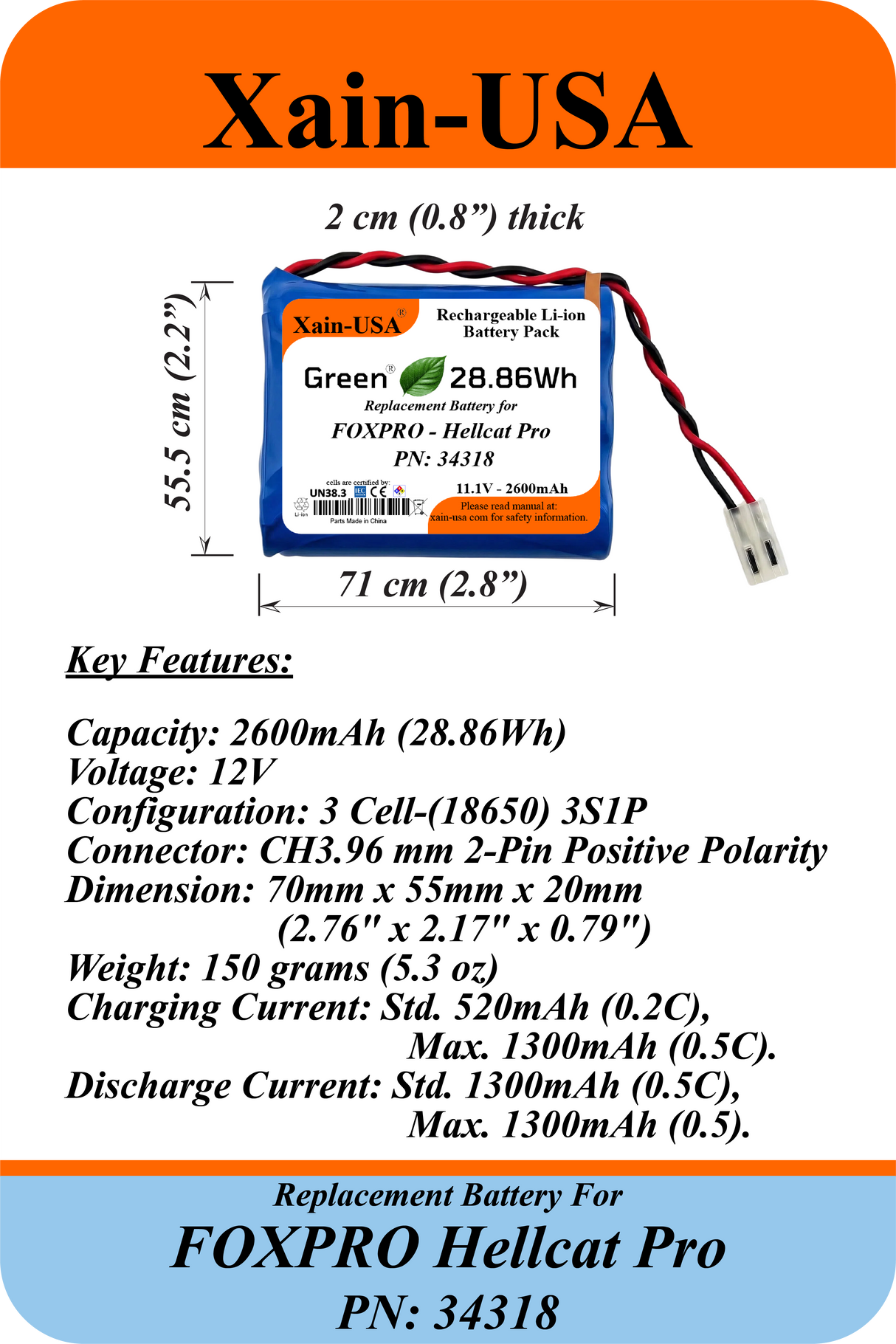 2600mAh Replacement Battery for FOXPRO Hellcat Pro PN: 34318