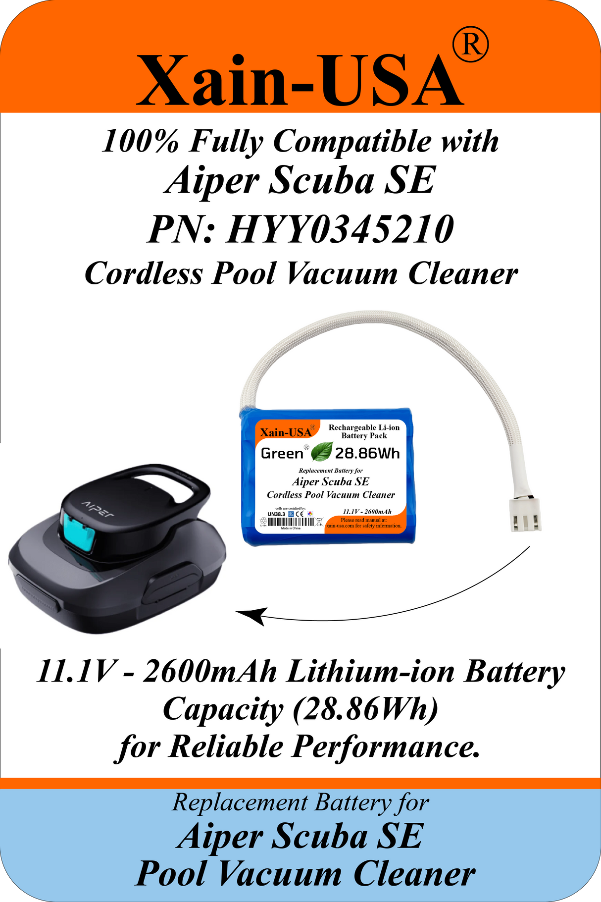 Xain-Pool Power | 2600mAh Upgraded Battery for Aiper Scuba SE Cordless Pool Vacuum Cleaner | 11.1V Extended Runtime Lithium-Ion Pack | OEM Replacement Part HYY0345210 / 3INR19/66