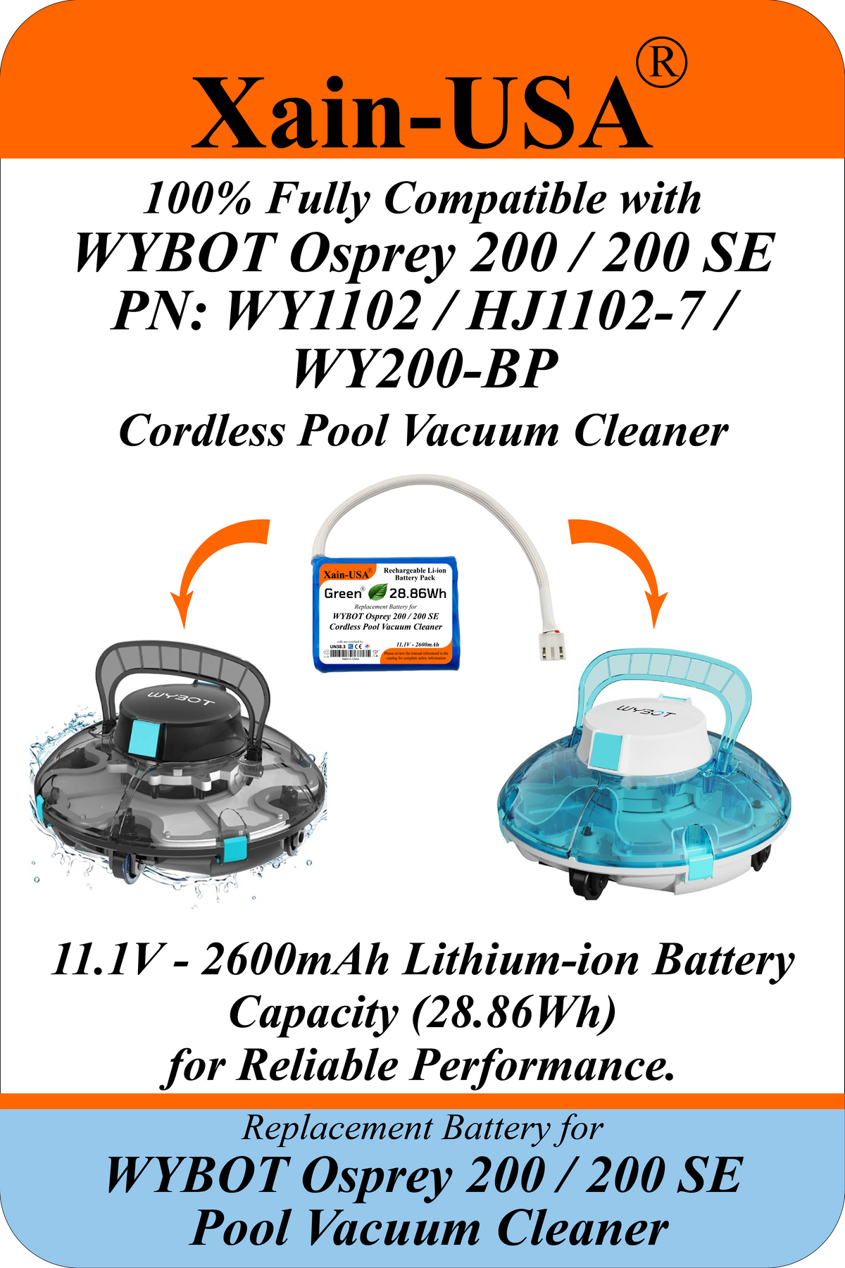 2600mAh Replacement Battery for WYBOT Osprey 200 / 200 SE Pool Vacuum | WY1102, HJ1102-7, WY200-BP | 11.1V 3S1P | JST-VH 3-Pin 2-Wire | BMS + NTC