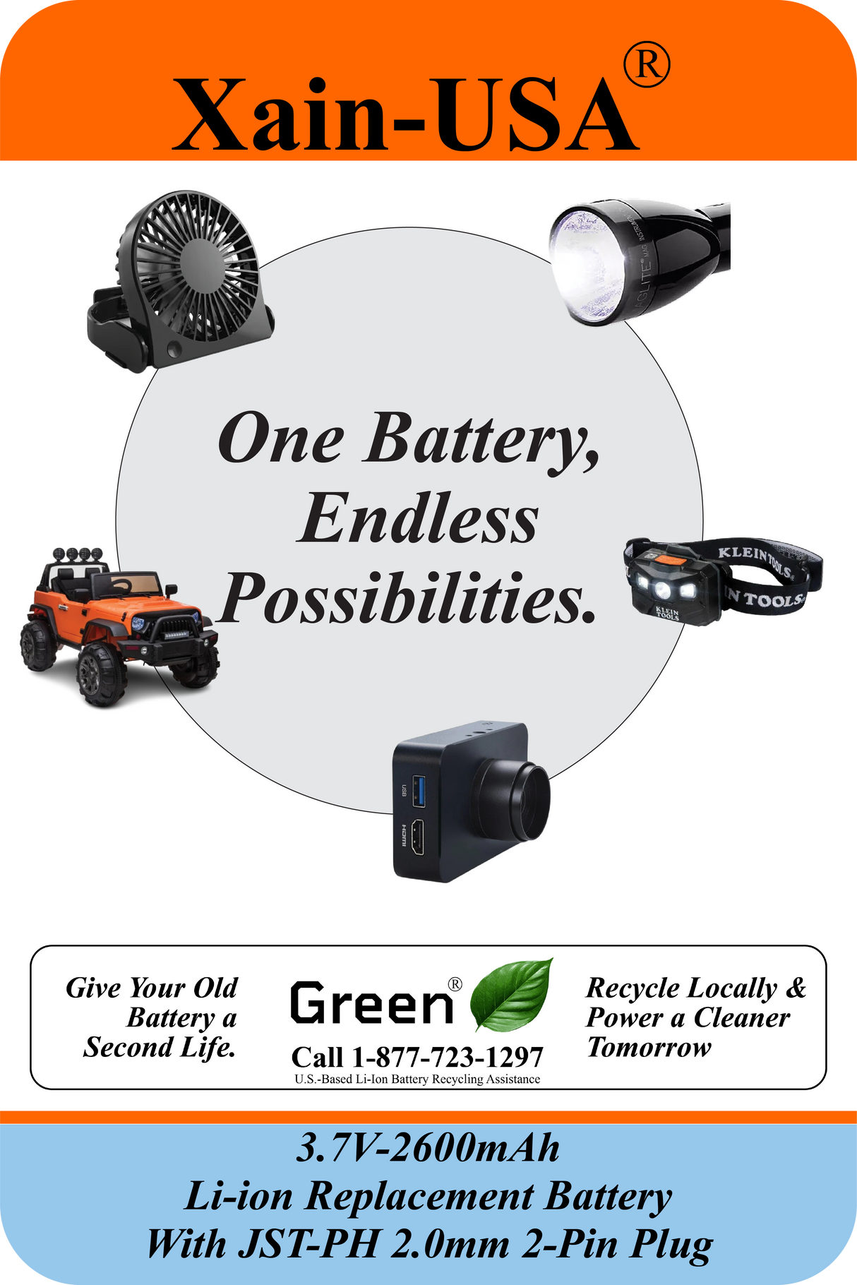 Premium 3.7V 2600mAh Replacement Battery – JST‑PH 2‑Pin Connector Compatible with flashlights, drones, voice amplifiers, RC toys, and a wide range of electronics.