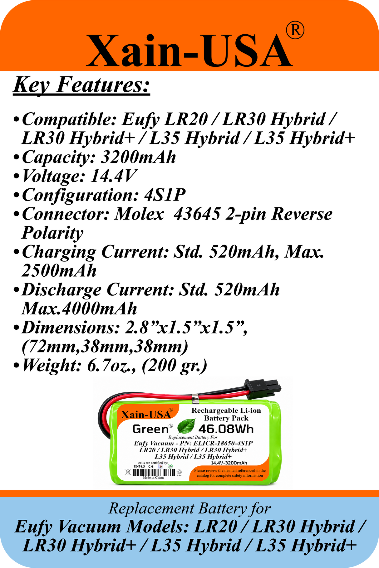 14.4V 3200mAh Replacement Battery for Eufy LR20, LR30 Hybrid, LR30 Hybrid+, L35 Hybrid & L35 Hybrid+ Robot Vacuum Cleaners, Built-in BMS and NTC Temperature Sensor