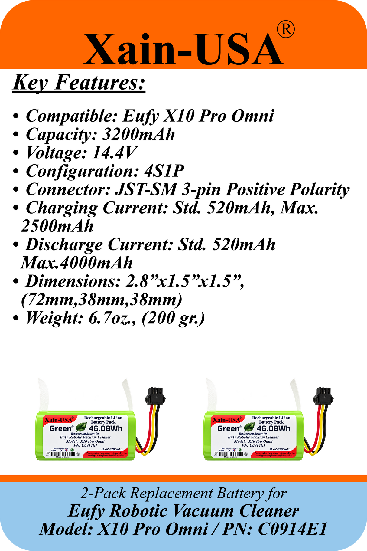 2-Pack 14.4V 3200mAh Replacement Batteries for Eufy X10 Pro Omni Robotic Vacuum Cleaner, PN C0914E1, with Built-in BMS and NTC Temperature Sensor