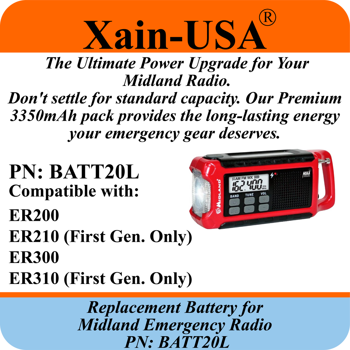 High Capacity 3350mAh Rechargeable Replacement Battery — Compatible with Midland Emergency Weather Radios | Part No. BATT20L | Fits First-Generation ER200, ER210, ER300, and ER310 Models