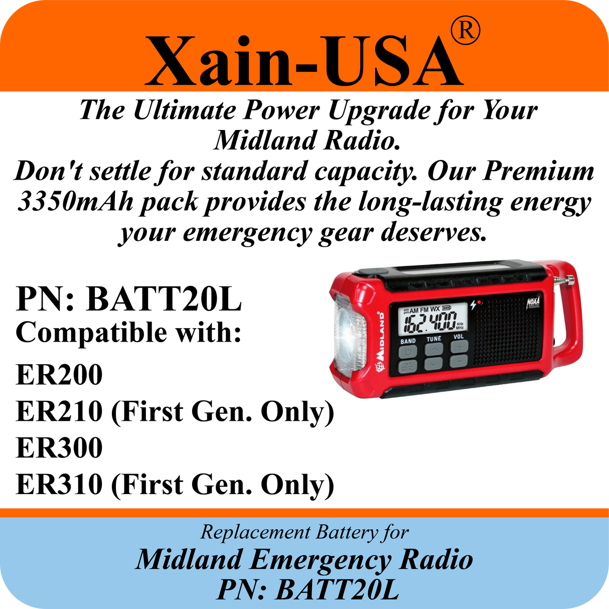 3350mAh Replacement Battery for Midland Radios PN: BATT20L First Gen. ER200 ER210 ER300 ER310