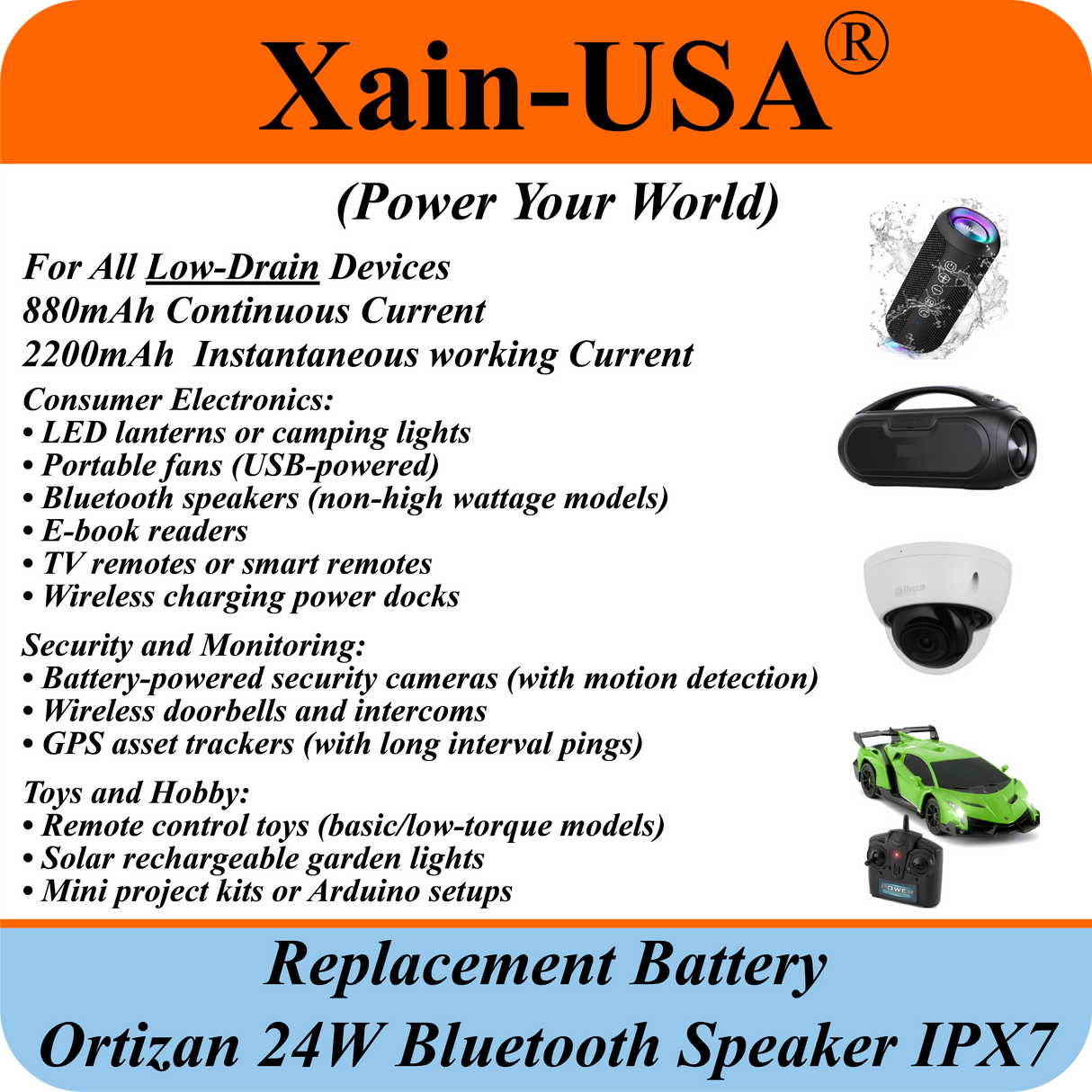 (2-Pack) Replacement Battery for Ortizan 24W Bluetooth Speaker IPX7 – 3.7V 4400mAh 16.28Wh Li-ion Rechargeable Pack with JST-XH 2P 2.54mm Connector