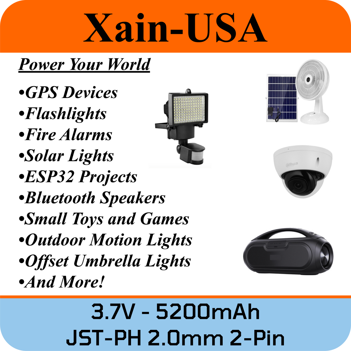 Long-Lasting 3.7V 5200mAh (19.24Wh) Rechargeable Li-ion Battery. Features JST-PH 2-Pin, Xain-Xtra 1000+ Cycle Cells, and Integrated 3-MOS BMS.