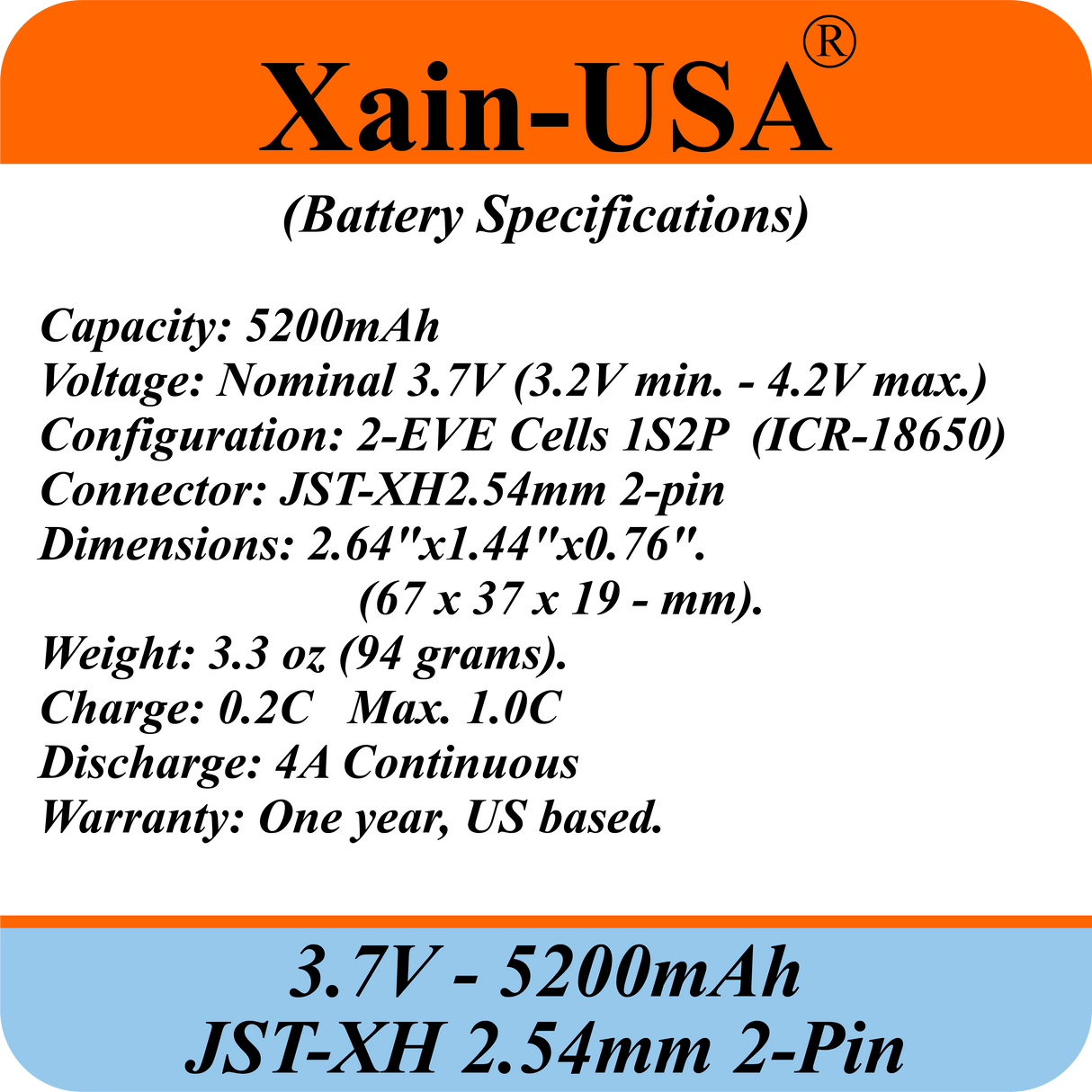 Premium 3.7V 5200mAh / High Drain / 1000+ cycles / Li-ion Battery Pack / with JST-XH 2-pin Plug / Supports 4A Continuous Discharge / Ideal for Bluetooth speakers, toys, lighting, and electronics.