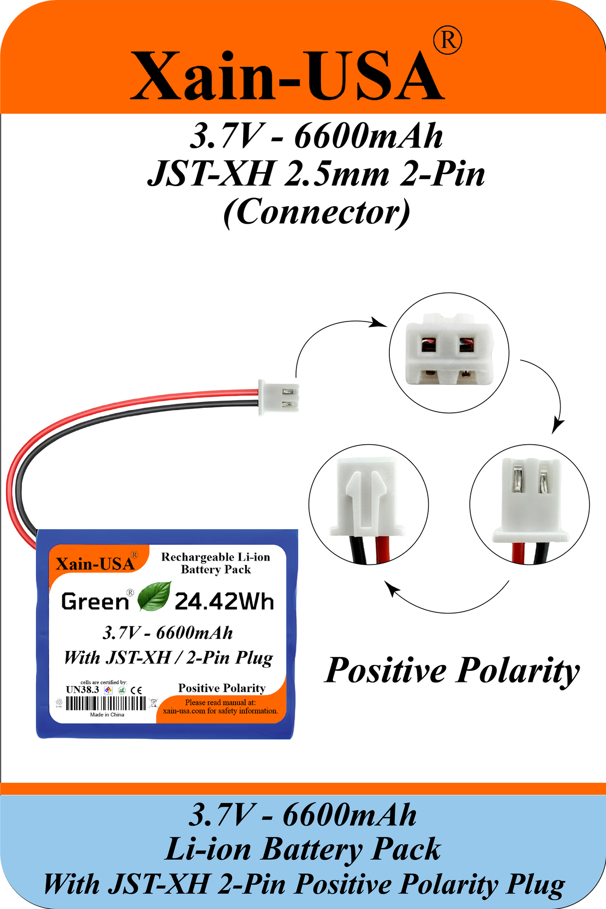 3.7V 2600mAh Li-ion Battery Pack with JST-XH 2-Pin Plug