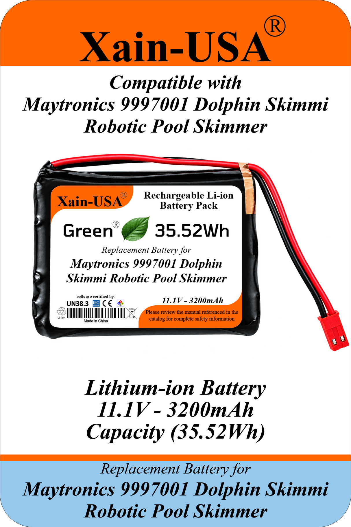 11.1V 3200mAh Replacement Battery for Maytronics 9997001 Dolphin Skimmi Robotic Pool Skimmer, Maytronics P/N 5651200-ASSY, with Built-in BMS and NTC Temperature Sensor in