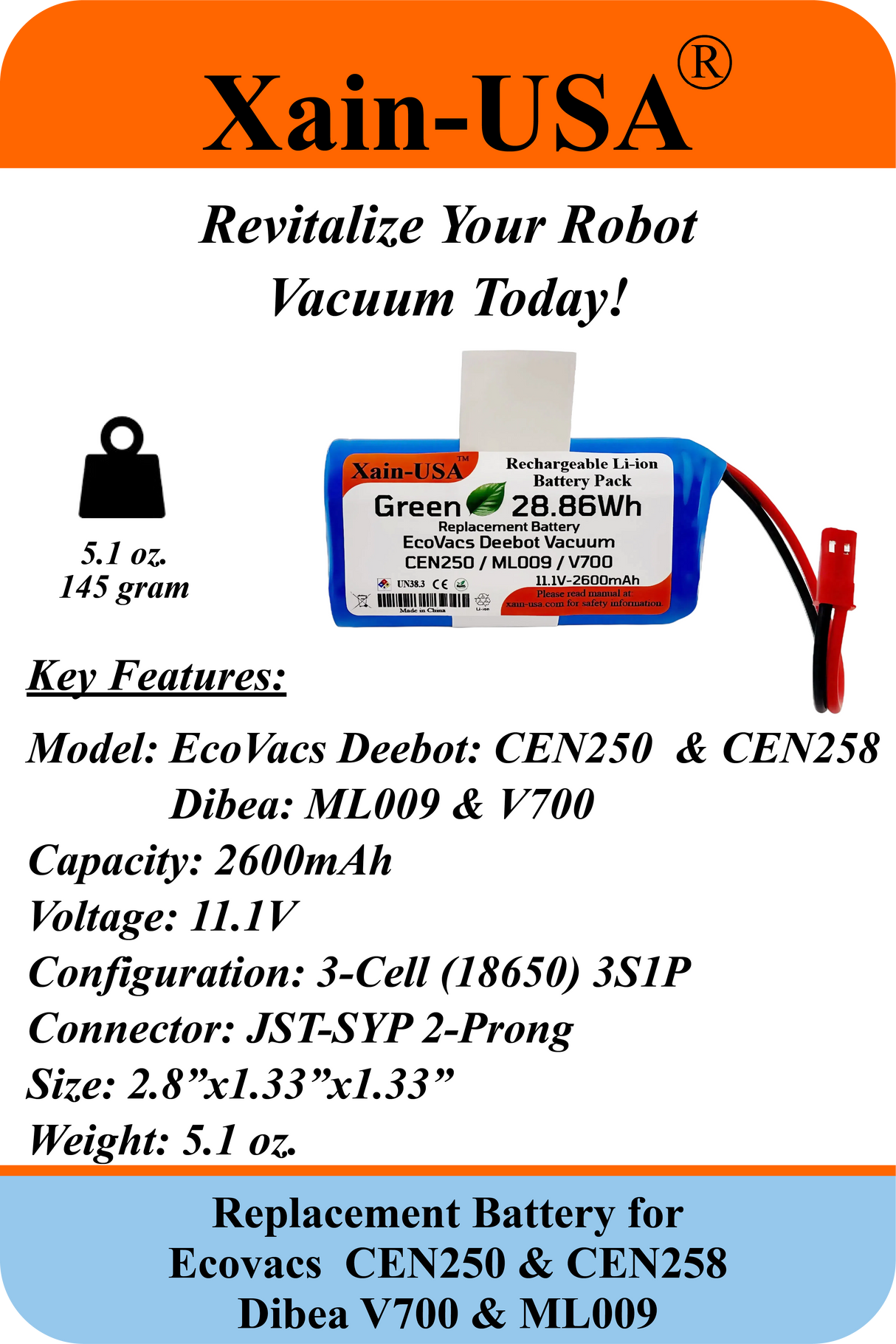 (1-Pack) 11.1V 2600mAh Li-ion Replacement Battery, 28.86Wh – Compatible with Ecovacs CEN250, CEN258 & Dibea ML009, V700