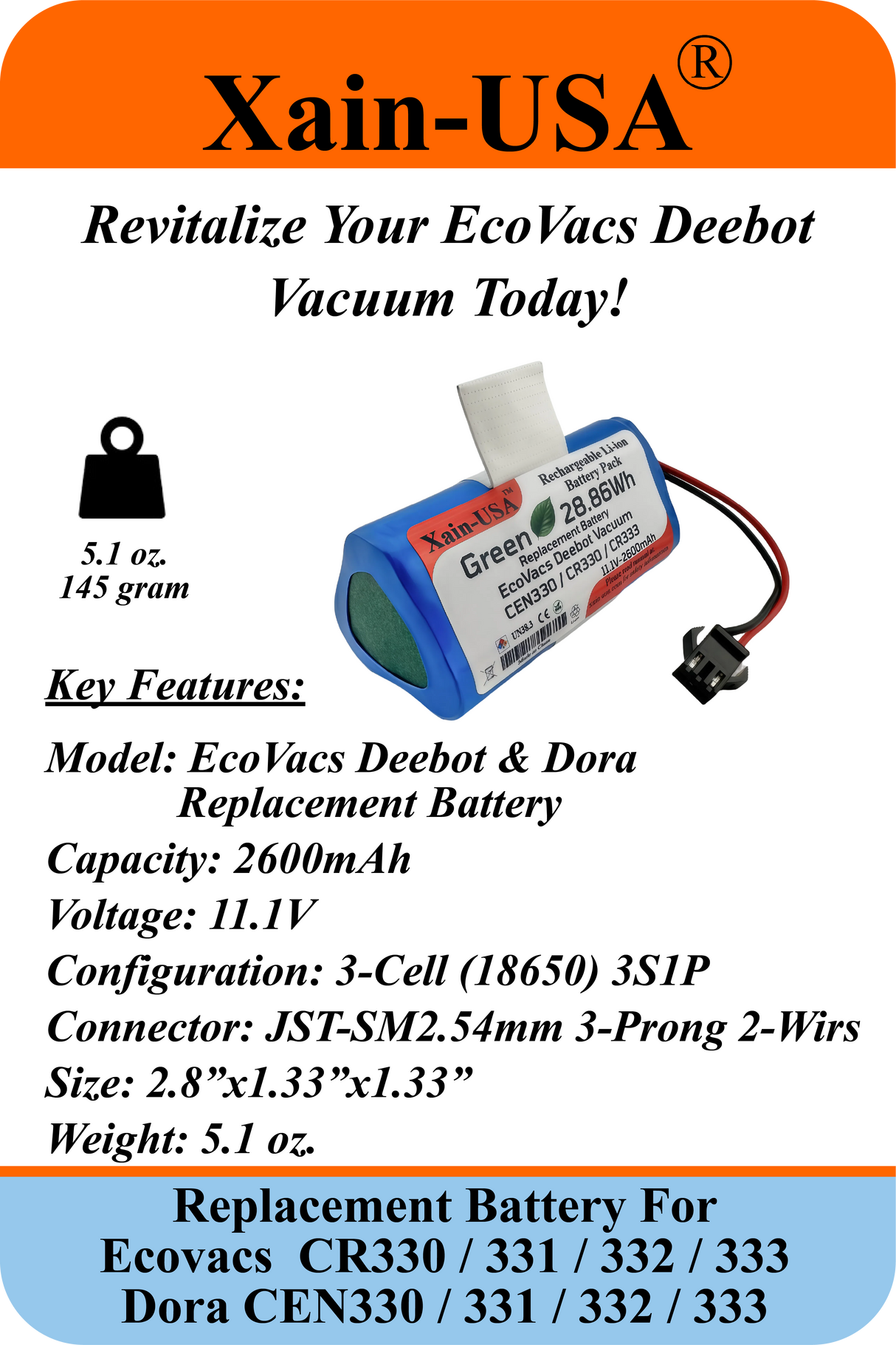(1-Pack) 11.1V 2600mAh Replacement Battery for Ecovacs CR330, CR331, CR332, CR333, And Dora CEN330, CEN331, CEN332, CEN333 – PN: ICR18650 3S1P & UR18650ZY-3S1P-AAP (28.86Wh)
