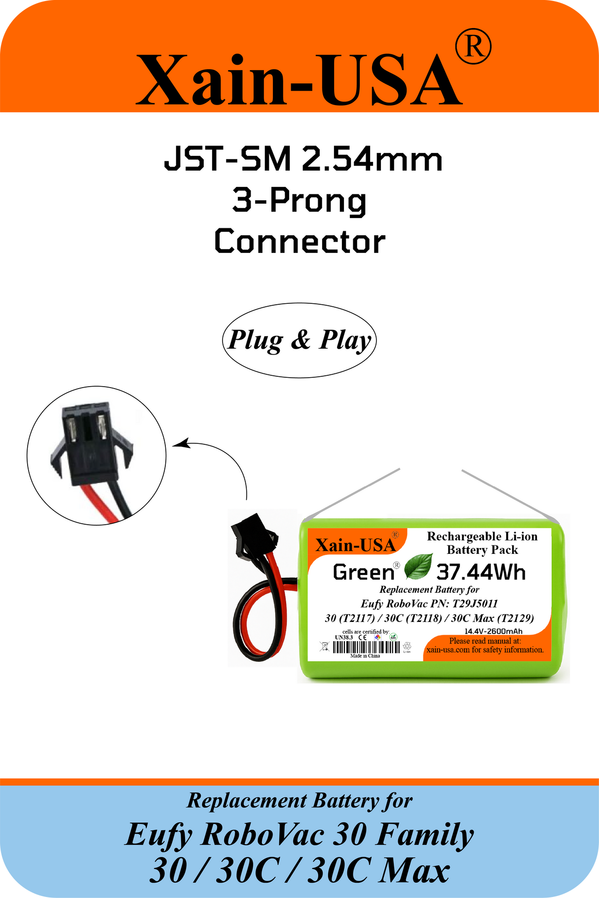 Eufy RoboVac Replacement Battery 14.4V 2600mAh Li-ion, 3-Pin Connector, Compatible with T2108 / T2119 / T2126 / T2130 — High-Capacity Rechargeable Robotic Vacuum Battery Pack