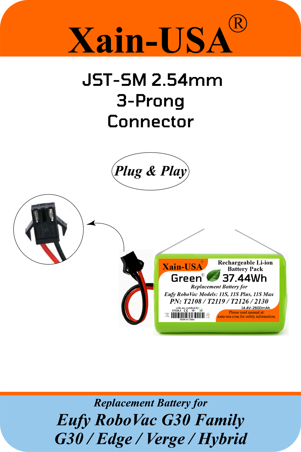 14.4V 2600mAh Li-ion Replacement Battery for Eufy RoboVac G30 (T2250) / G30 Edge (T2251) / G30 Verge (T2252) / G30 Hybrid (T2253) 3-Pin Connector High-Capacity Rechargeable Battery Pack