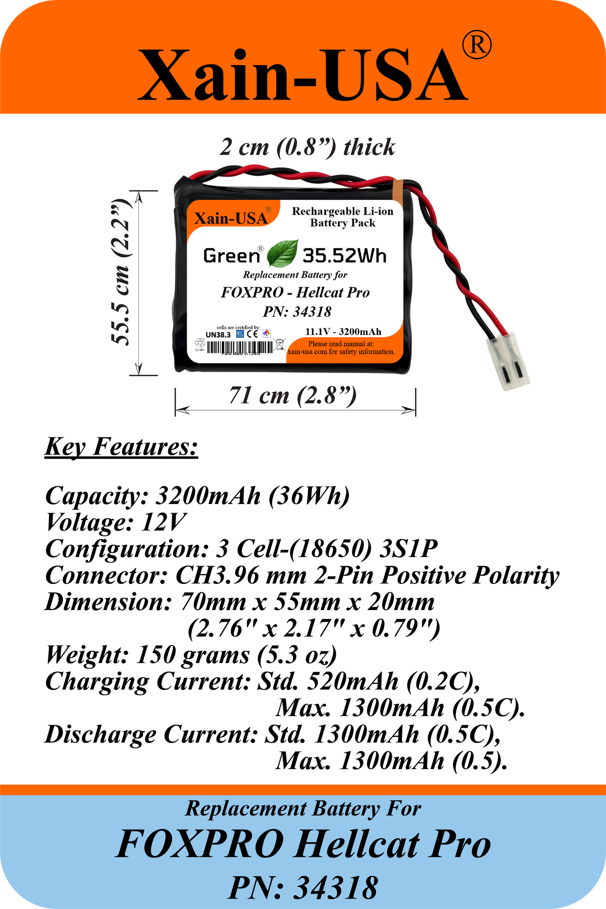 3200mAh Replacement Battery for FOXPRO Hellcat Pro Game Caller, Replaces LITH CHG / 34318, 11.1V 35.52Wh Li-ion, CH3.96 Positive Polarity Plug, Built-in BMS