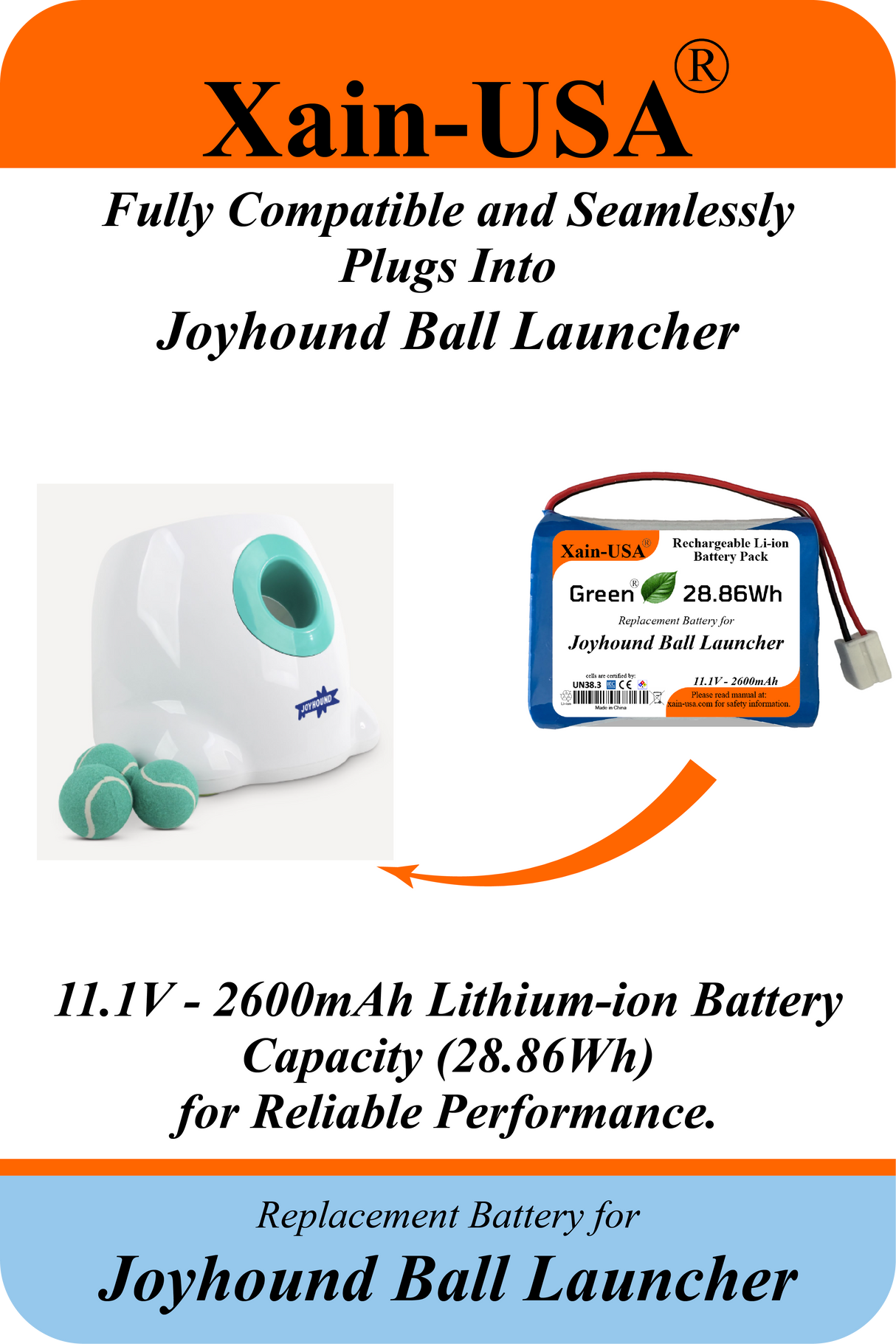 11.1V 2600mAh Replacement Battery for Joyhound Ball Launcher