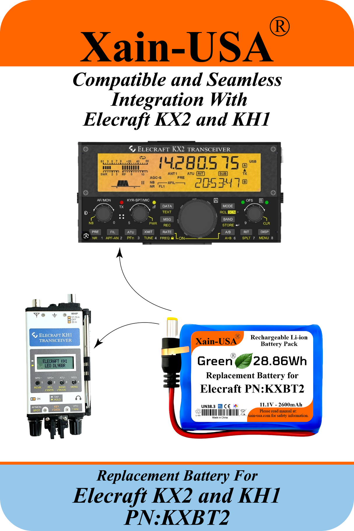 KXBT2 Replacement Battery for Elecraft KX2 & KH1, 11.1V 2600mAh Rechargeable Li-ion with Xain-Xtra Cells, 1000+ Cycle Life, BMS with Balancing & Temperature Sensing