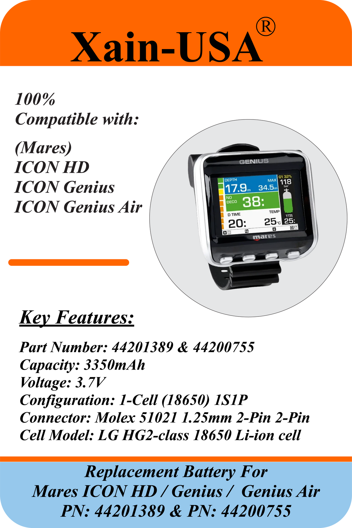 (Xian-DIVE) Premium 3350mAh Replacement Battery for Mares ICON HD / Mares ICON Genius / Mares Genius Air / PN: 44201389 / PN: 44200755 / 3.7V