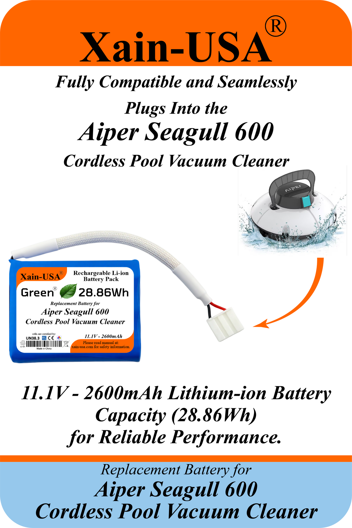 Replacement Battery Pack for Aiper Seagull 600 / Paxcess Frisbee / Intex / Bestway (Disc Models) Cordless Pool Vacuum Cleaner | High-Capacity 11.1V 2600mAh Rechargeable Lithium-Ion | Long Runtime.