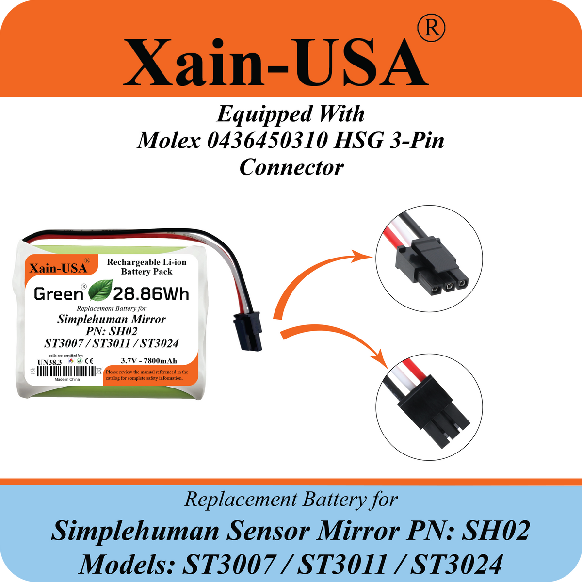 7800mAh Replacement Battery for Simplehuman Mirror PN: SH02 ST3007 ST3011 ST3024