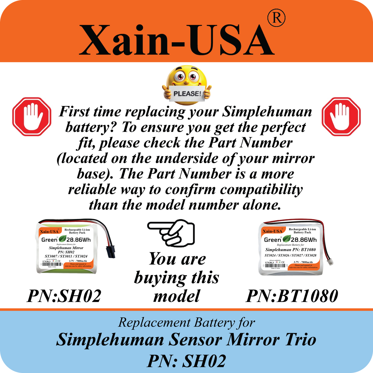 ULTRA-CAPACITY 7800mAh Battery for Simplehuman PN: SH02 Sensor Mirror Trio