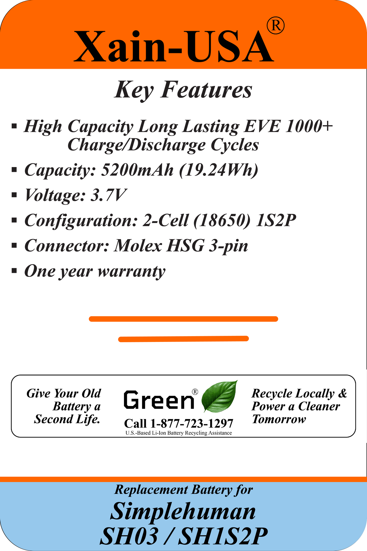 High-Capacity Replacement Battery for Simplehuman SH03, SH1S2P – 3.7V 5200mAh (19.24Wh) with Built-in BMS – Lasts 2X Longer Than Standard Packs