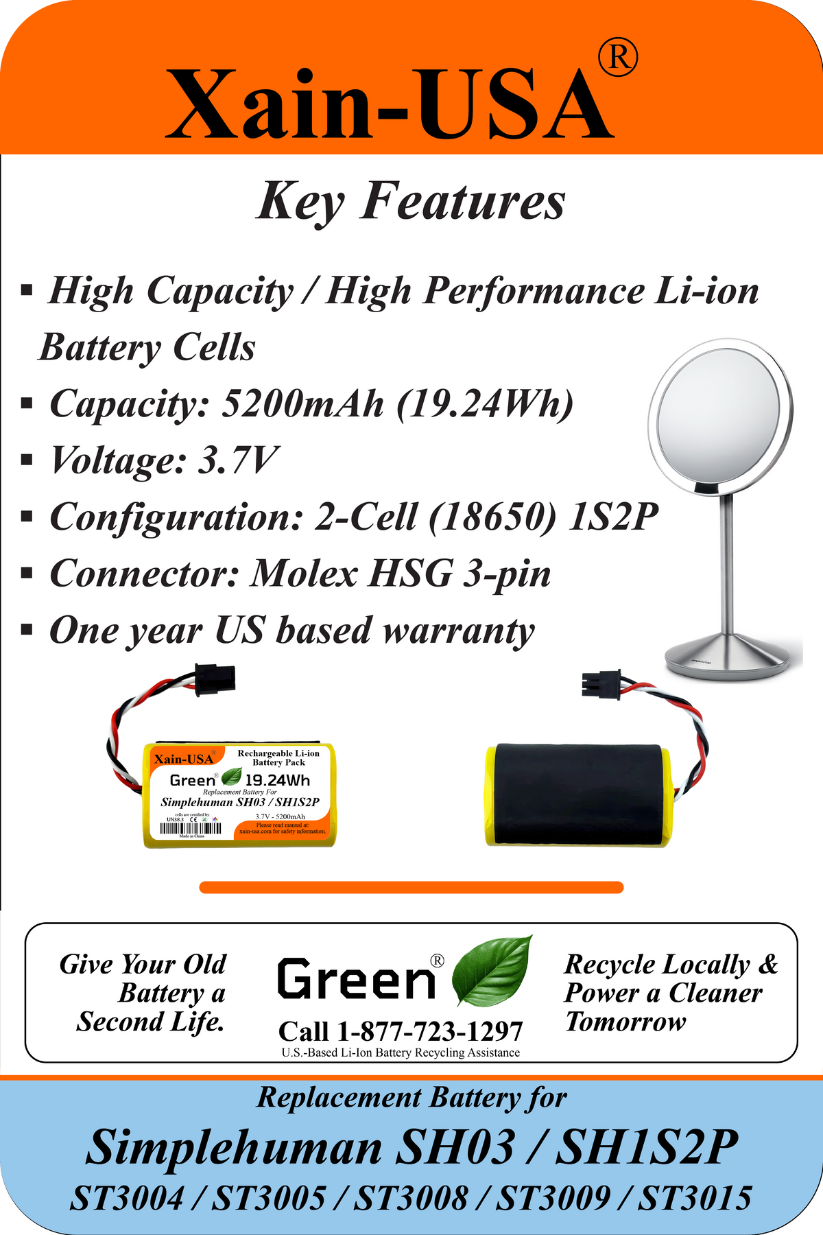 5200mAh Replacement Battery for 6" Simplehuman SH03 SH1S2P ST3004 3005 3008 3009 3015