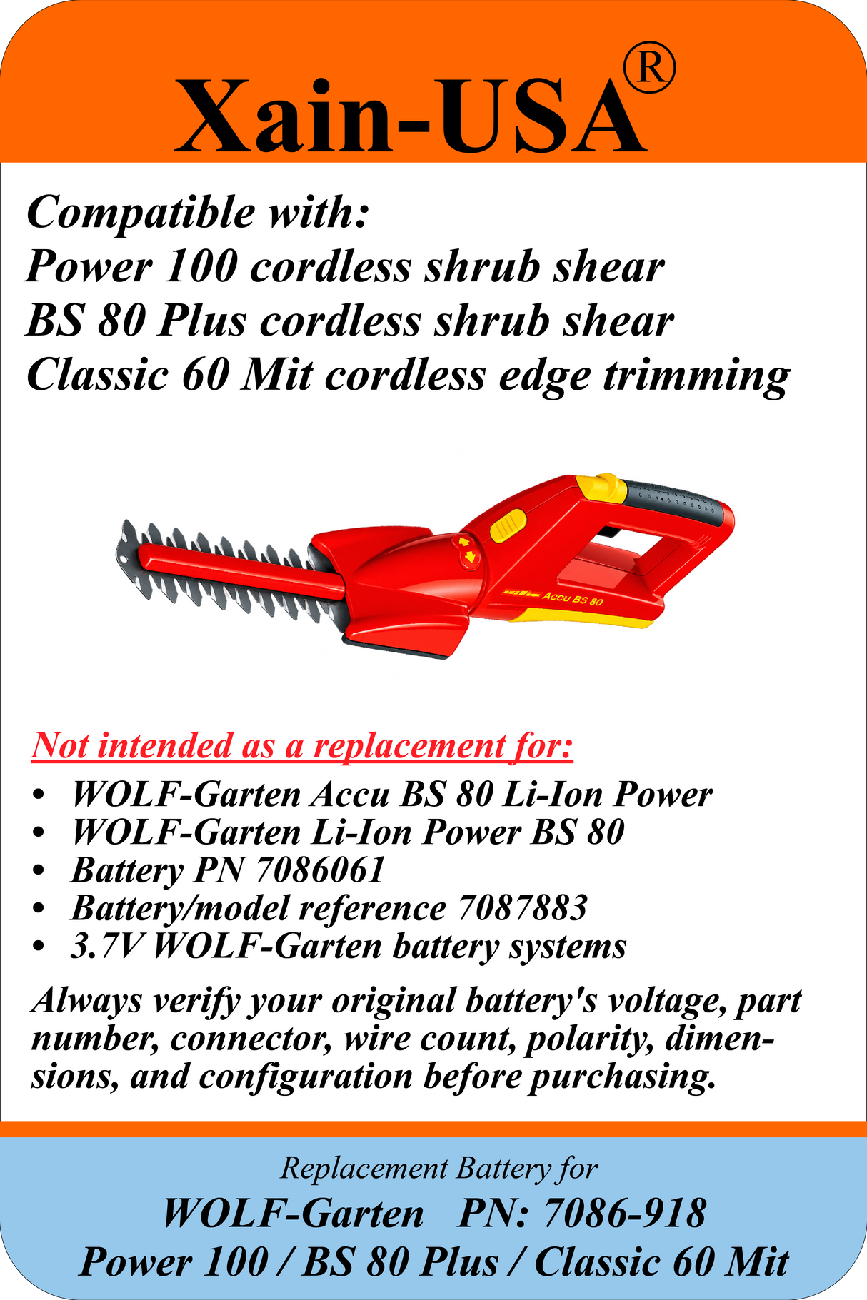 7.4V 2600mAh Replacement Battery for WOLF-Garten Power 100 / BS 80 Plus / Classic 60 Mit, Replaces PN 7086-918, 19.24Wh Li-ion, 3-Wire Connector, Built-in BMS