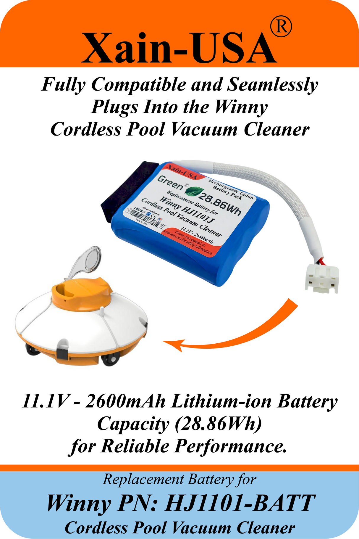 Replacement Battery Pack for Winny Models HJ1101J / HJ1101 / HJ1102 Cordless Pool Vacuum Cleaner | PN: HJ1101-BATT | High-Capacity 11.1V 2600mAh Rechargeable Lithium-Ion | Long Runtime, Direct OEM Fit